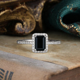 1 Carat Emerald Cut Classic Halo Black Onyx Wedding Ring with Pave Band